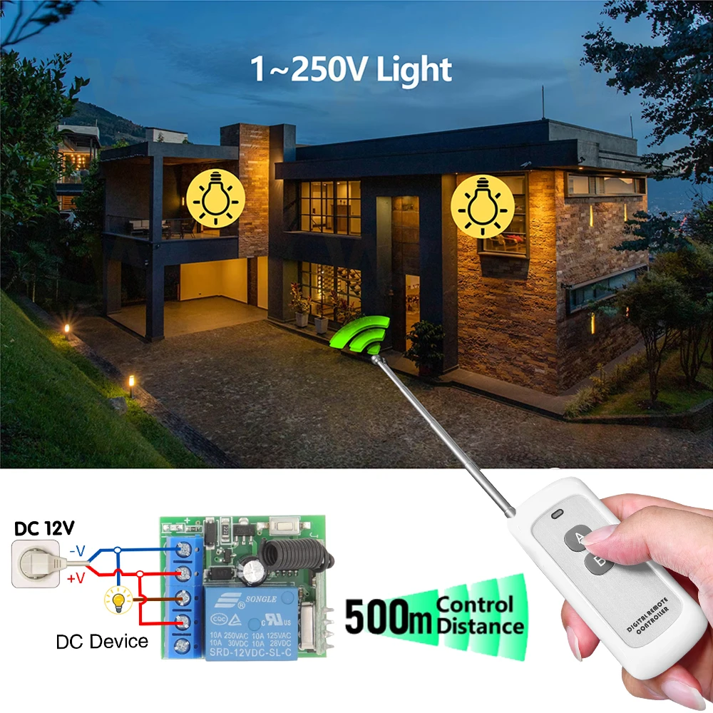 433Mhz Universal Wireless Switch DC12V 4botton Relay Receiver Module RF Remote Control 500Meter Transmitter for Garage Car Gate