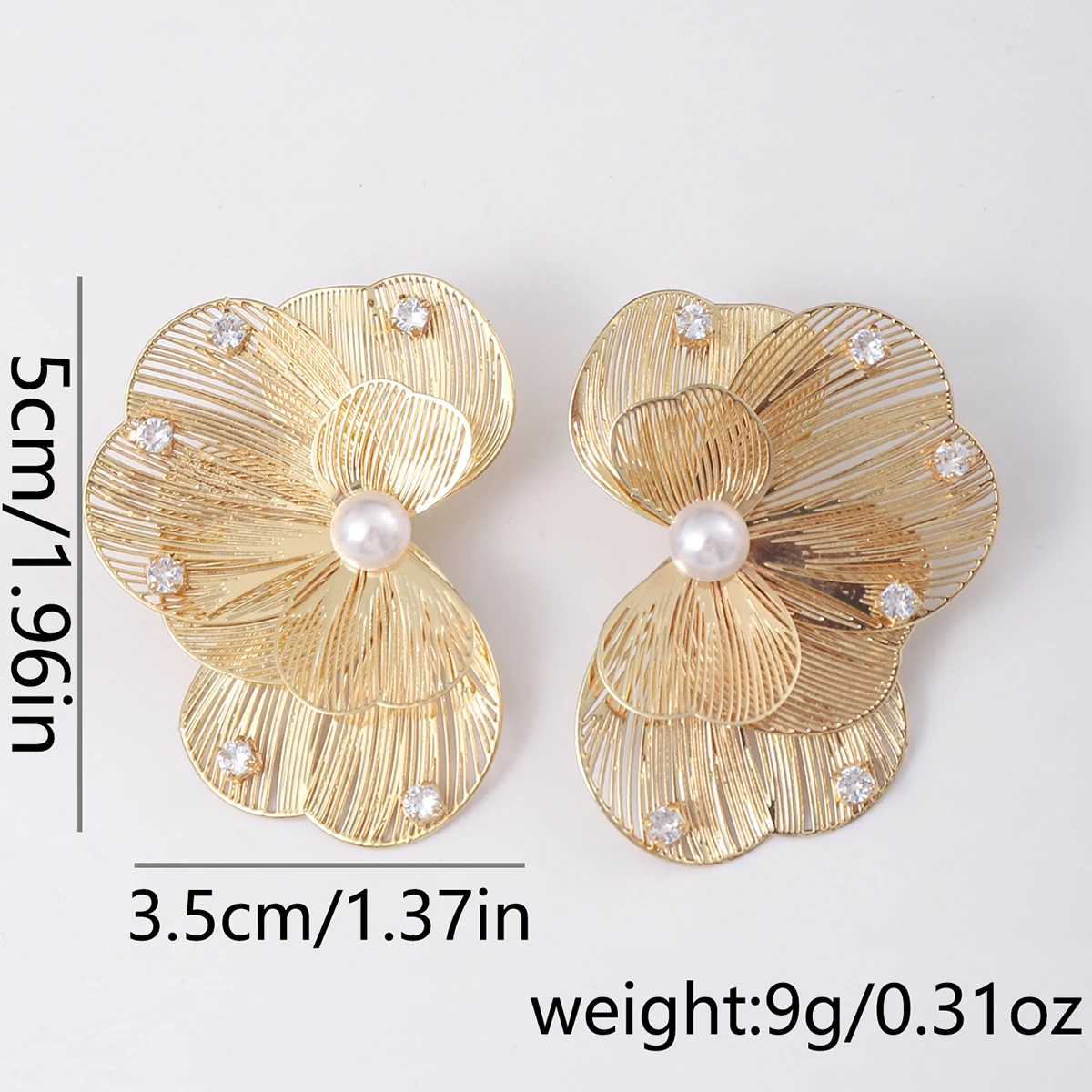 Gold Wire Mesh Flower Stud Earrings, Large Multi-Layer Hollow Floral with Center Pearl & Clear Zircon, Vintage Wedding Jewelry f