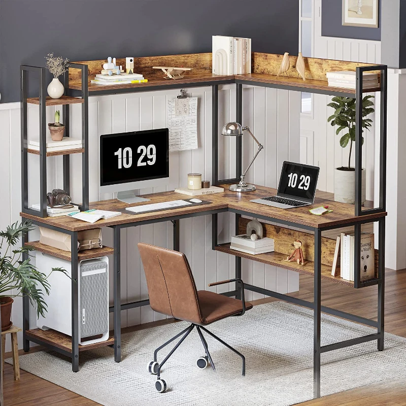 

L-shaped large family desk with kitchen desk corner computer desk with bookshelf and storage rack