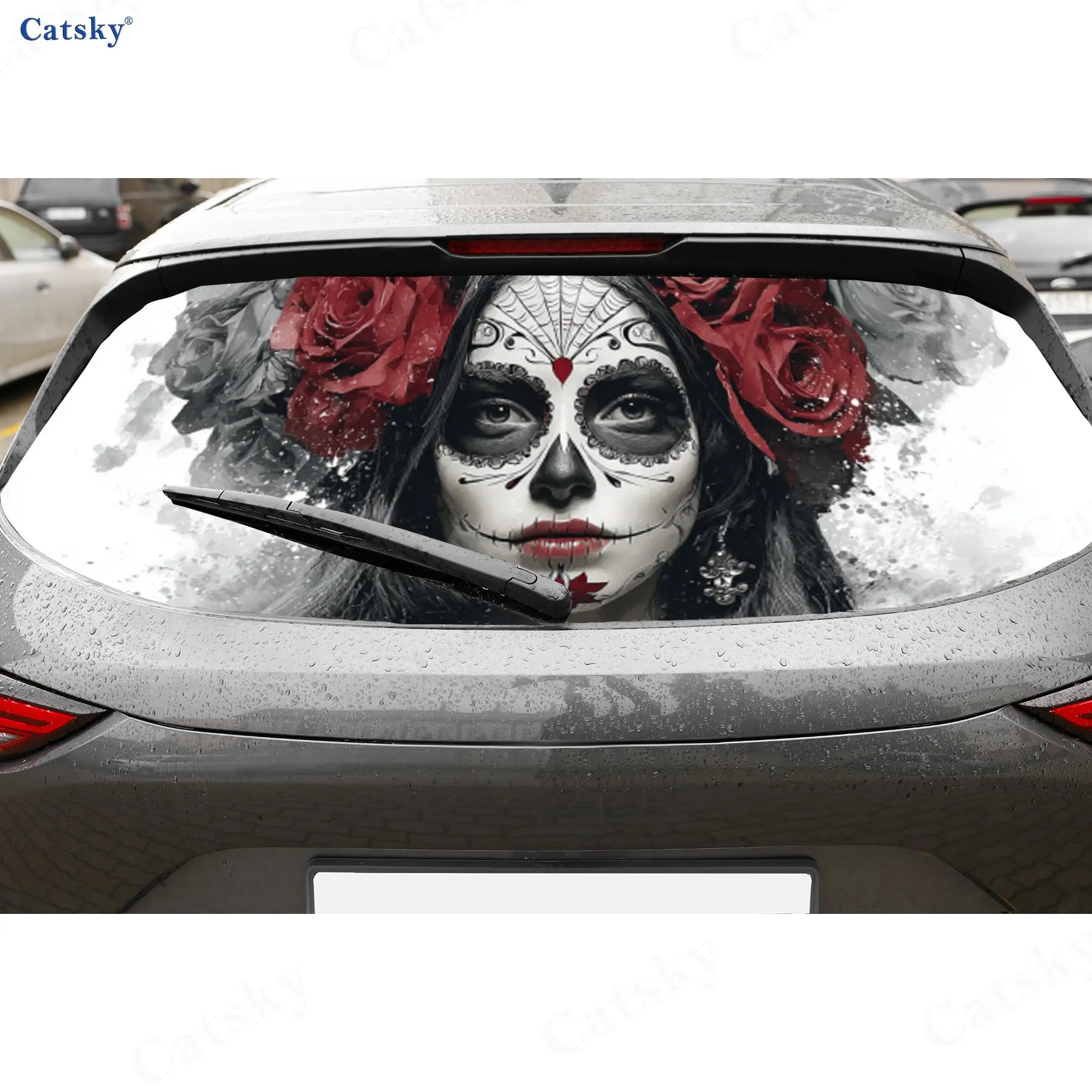 Sugar Skull Rose Wonder Journey PVC perforierte Auto-Vinylfolien, langlebiger Auto-Heckscheibenaufkleber, wasserdichte Auto-Heckscheibe