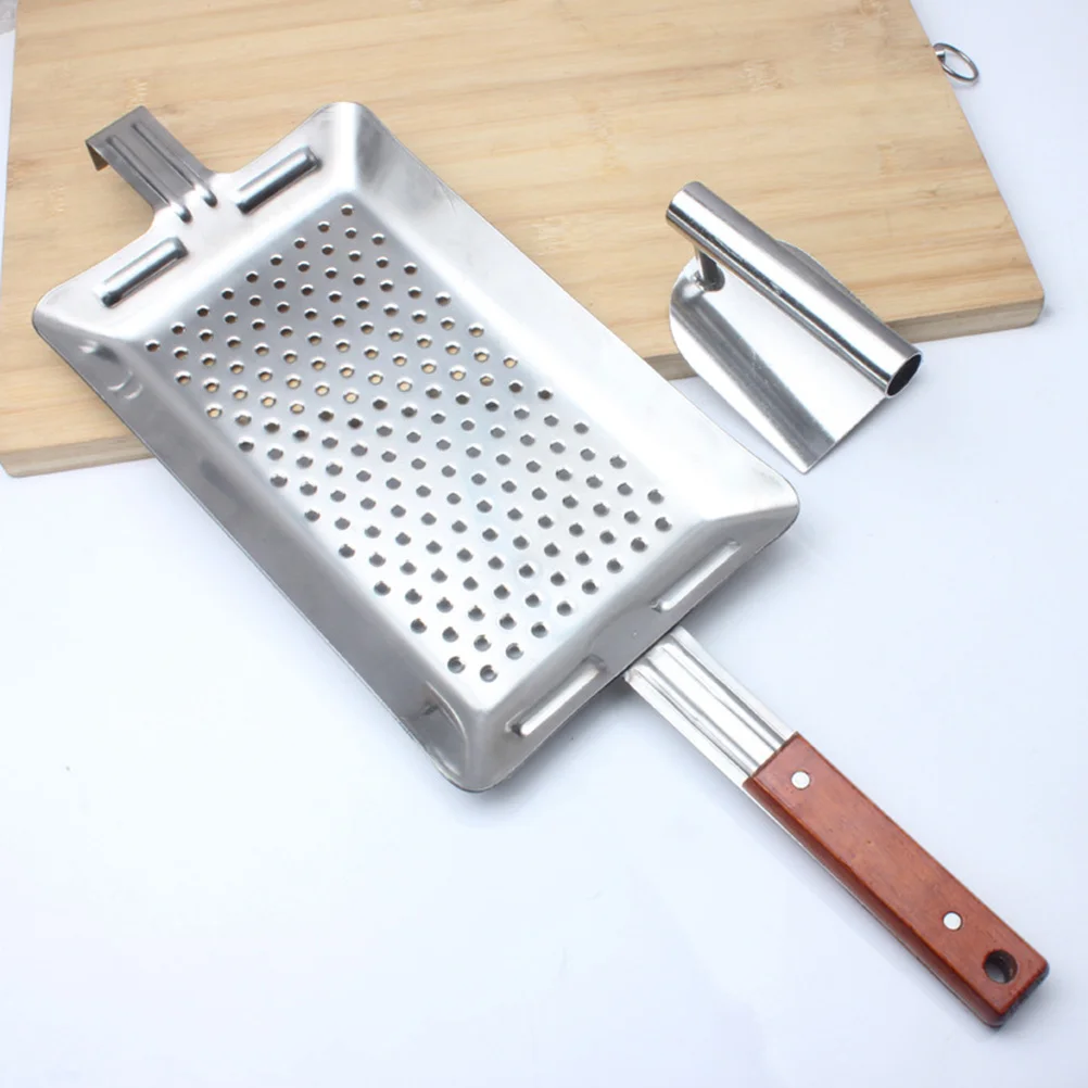 

2-Piece Stainless Steel Spaetzle Maker Set Traditional Press Kitchen Tool Heat Resistant Wooden Handle Spaetzle Maker