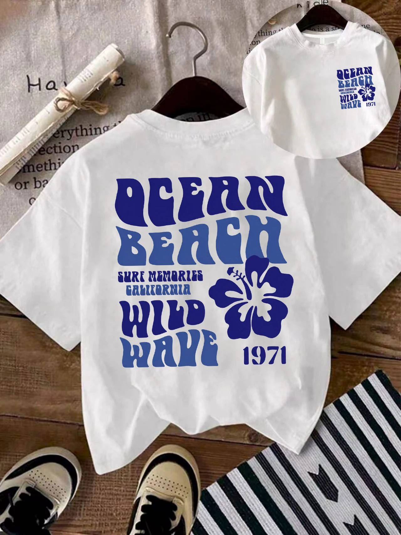 【WZM17495】Street trend summer casual short sleeved T-shirt plus size women's blue letter printed short sleeved top
