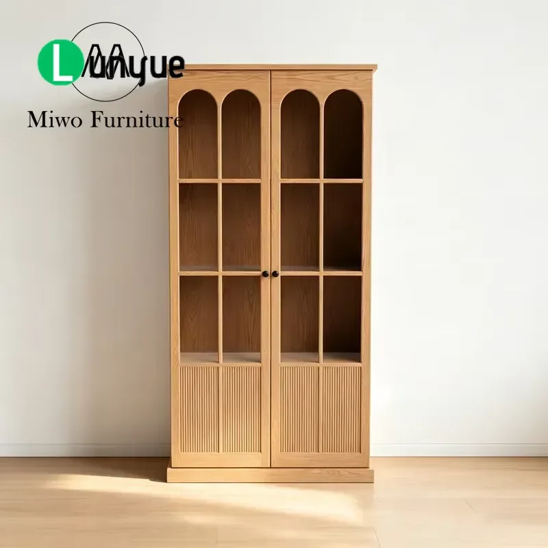 Modern Oak Wood Display Cabinet Double Glass Door Bookcase with Grooved Panel Custom Bookshelf for Villa Hotel Projects