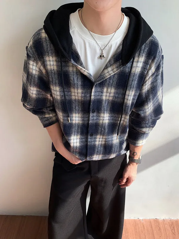 

American Sle High Street Plaid Long Sve irt Men's Lazy Casual Oversize Couple Large Size Floing Color Blo Coat