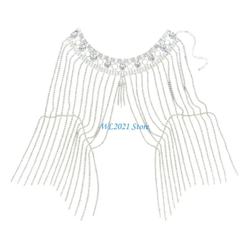 

G5GC Sparkling Rhinestones Crystal Tassels Shoulder Necklace Adjustable Body Chain Adornment For Brides Parties Event
