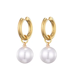 Classic Big Imitation White Pearl Drop Round Stainless Steel Hoop Earrings For Women Gold Silver Color Jewelry Earrings Gift