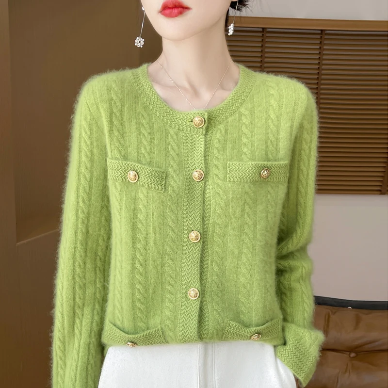 Women\'s Cardigan Autumn/Winter 100% Pure Wool Sweater Casual Knitted Sweater Round Neck Loose Tops All-match Button Blouse