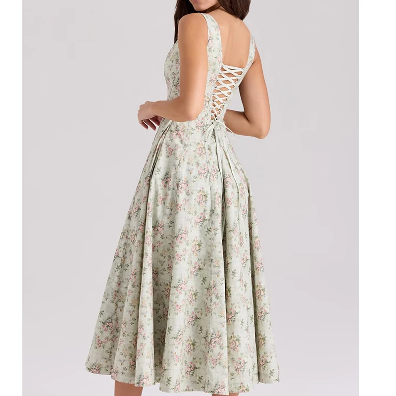 2025 ผู้หญิง Lace Up BANDAGE กลับดอกไม้พิมพ์ชุด A-Line Midi สแควร์คอวันหยุดฤดูร้อน Dresses PARTY Robe