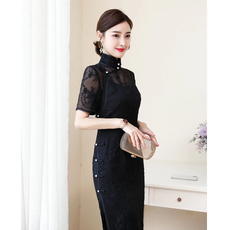 

Retro Black Silk Two-Piece Set Sexy Waist-Cinching Evening Gown Low Slit Short Sleeve Pure Color for Ages 25-35