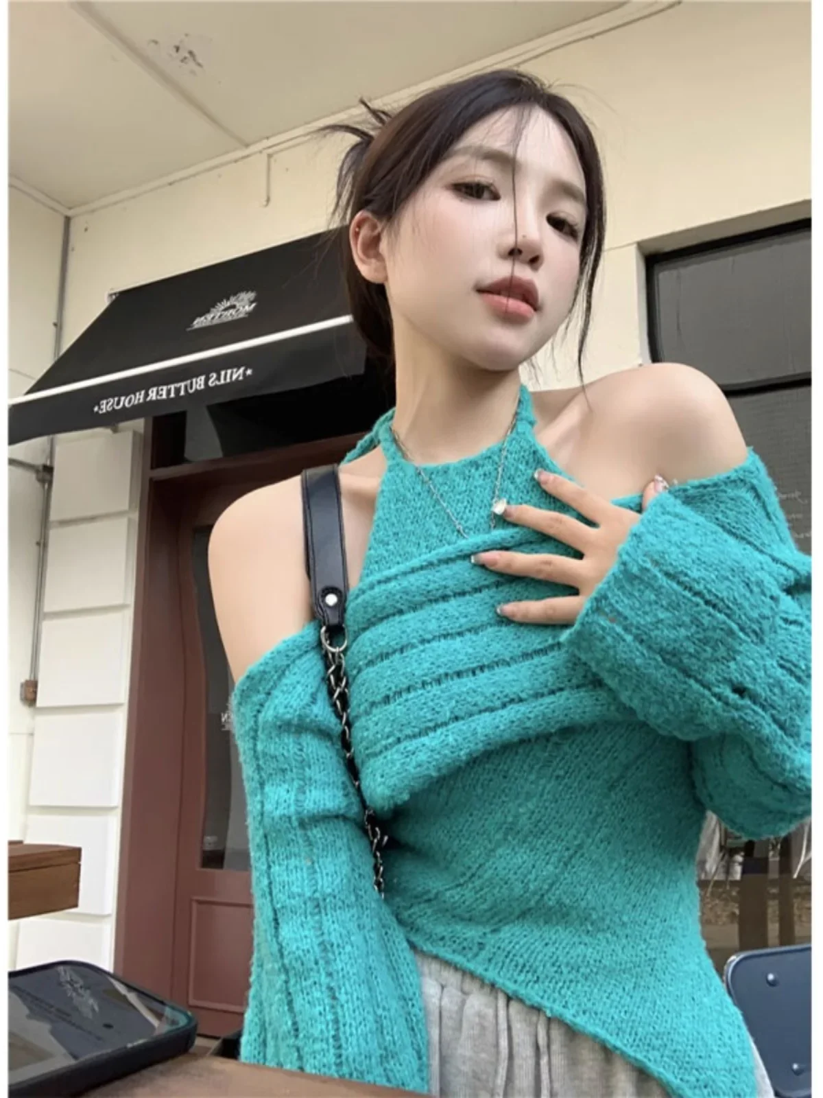 Women Blue Pullover Knitted Sweater Harajuku Y2k Long Sleeves O-Neck Sweater Jumper Vintage 2000s 90s Aesthetic Clothes Autumn