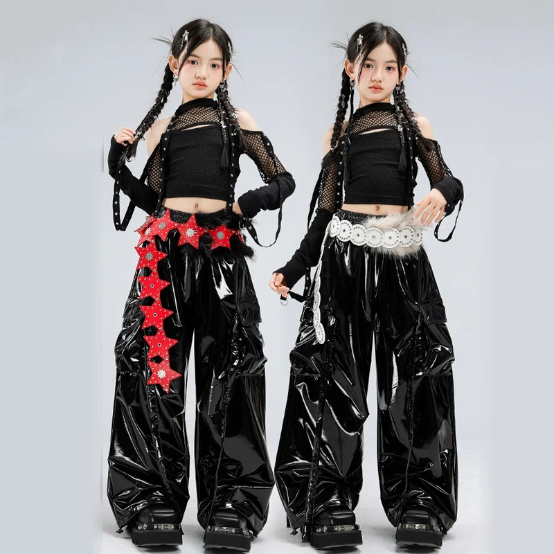 

Girls Hip Hop Clothing Goth Mesh Crop Loose Leather Dancewear Pants Girl Group Jazz Dance Performance Costume