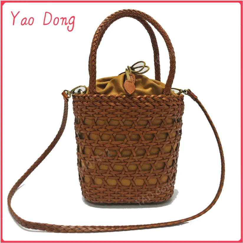 Yao Dong Women's bag new 2025 messenger shoulder bag Cowhide hollow woven summer bucket Casual Inner Fabric Shopping Bag