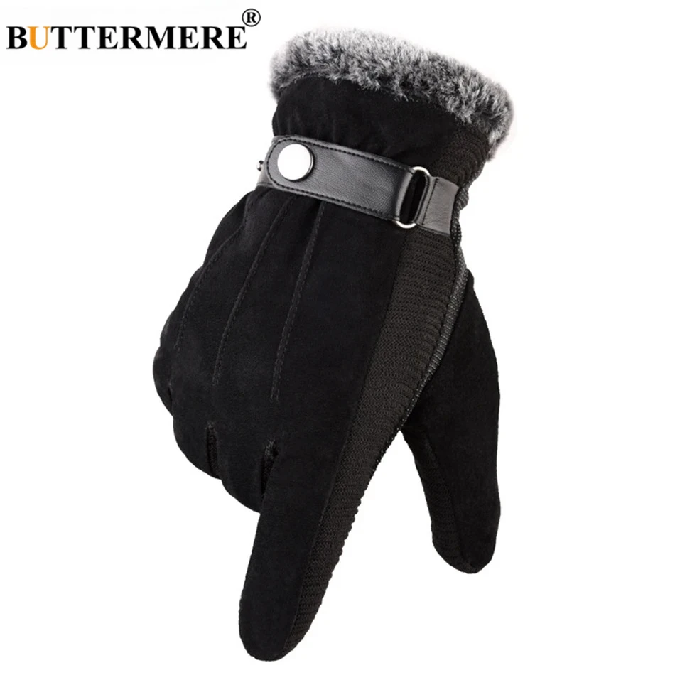 قفازات جلد الخنزير الأسود الرجال قفازات الشتاء الجلدية مع الصوف الحرارية الذكور شاشة تعمل باللمس عدم الانزلاق قفازات دراجة مقاوم للماء الدافئة