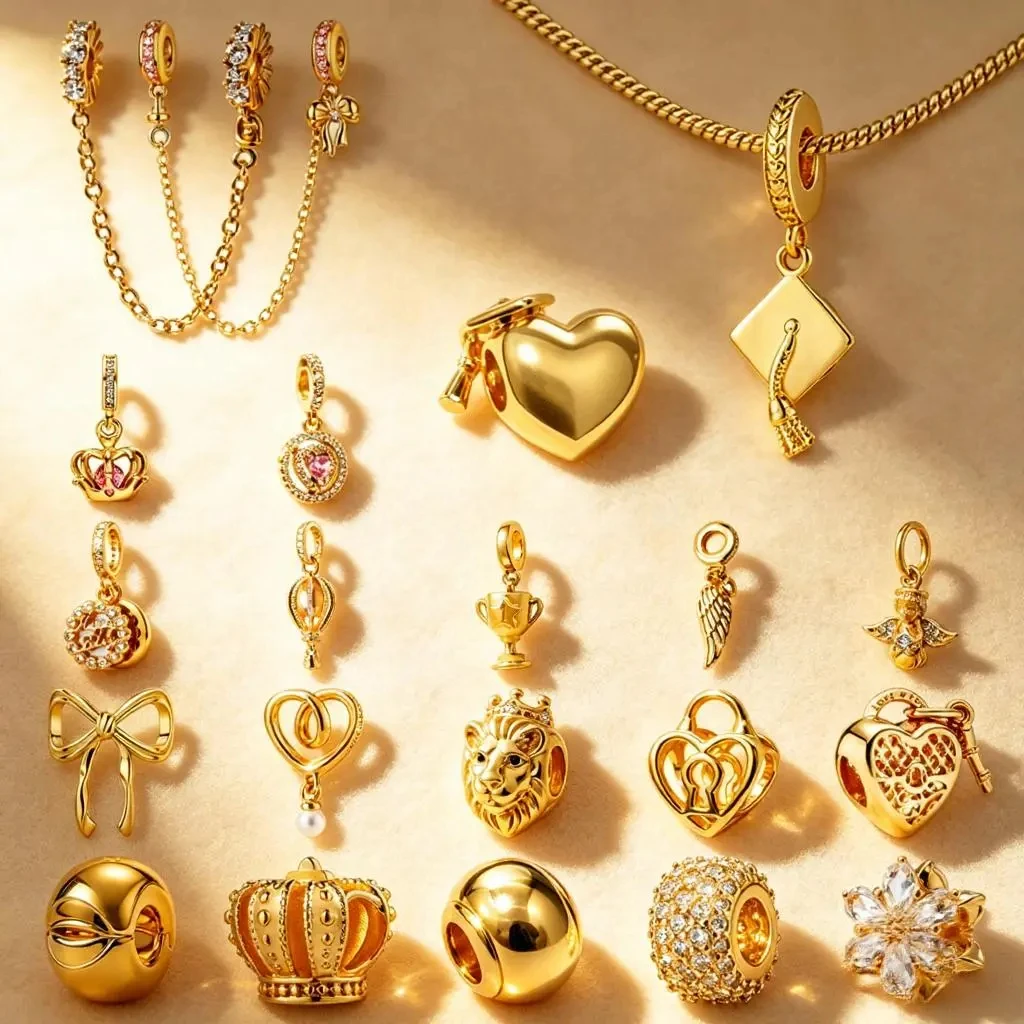 

2026 Golden Charms DIY Jewelry Gifts Graduation Cap Hot Air Balloon Bow Angel Trophy Wrapped Heart Beads Fit Original Bracelets