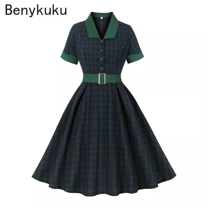 

Green Plaid Elegant Ladies Rockabilly Belted Cotton Dresses Summer Notched Collar Short Sleeve Button Up Women 50s Vintage Dress