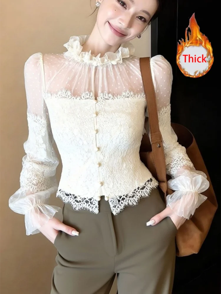 Camicie sexy patchwork in pizzo da donna manica lunga slim fit volant colletto alla coreana camicetta bottoni chic top da donna da ufficio a pois spessi