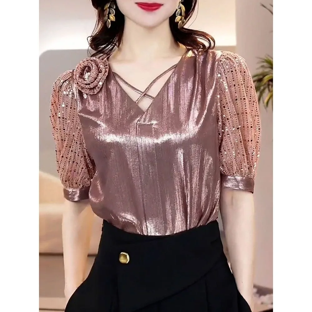 

Short Sleeve Blouse 2025 New Summer Woman Clothing Sequins Blusas Para Mujer Top Casual Slim Blouses For Women