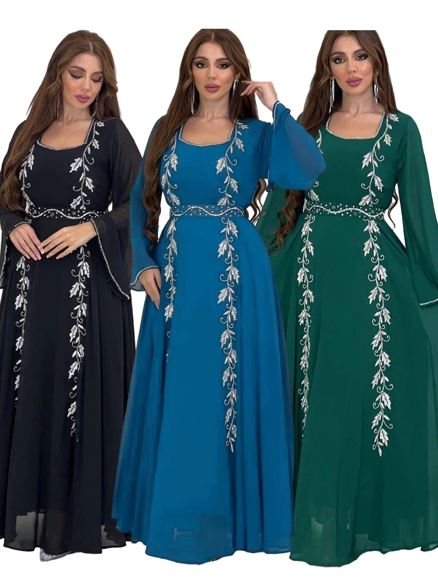 Vestido de fiesta musulmán Eid para mujer, Abaya bordada con lentejuelas, Ramadán, Abayas con cordones, caftán islámico, túnica larga modesta árabe de Dubái, 2024