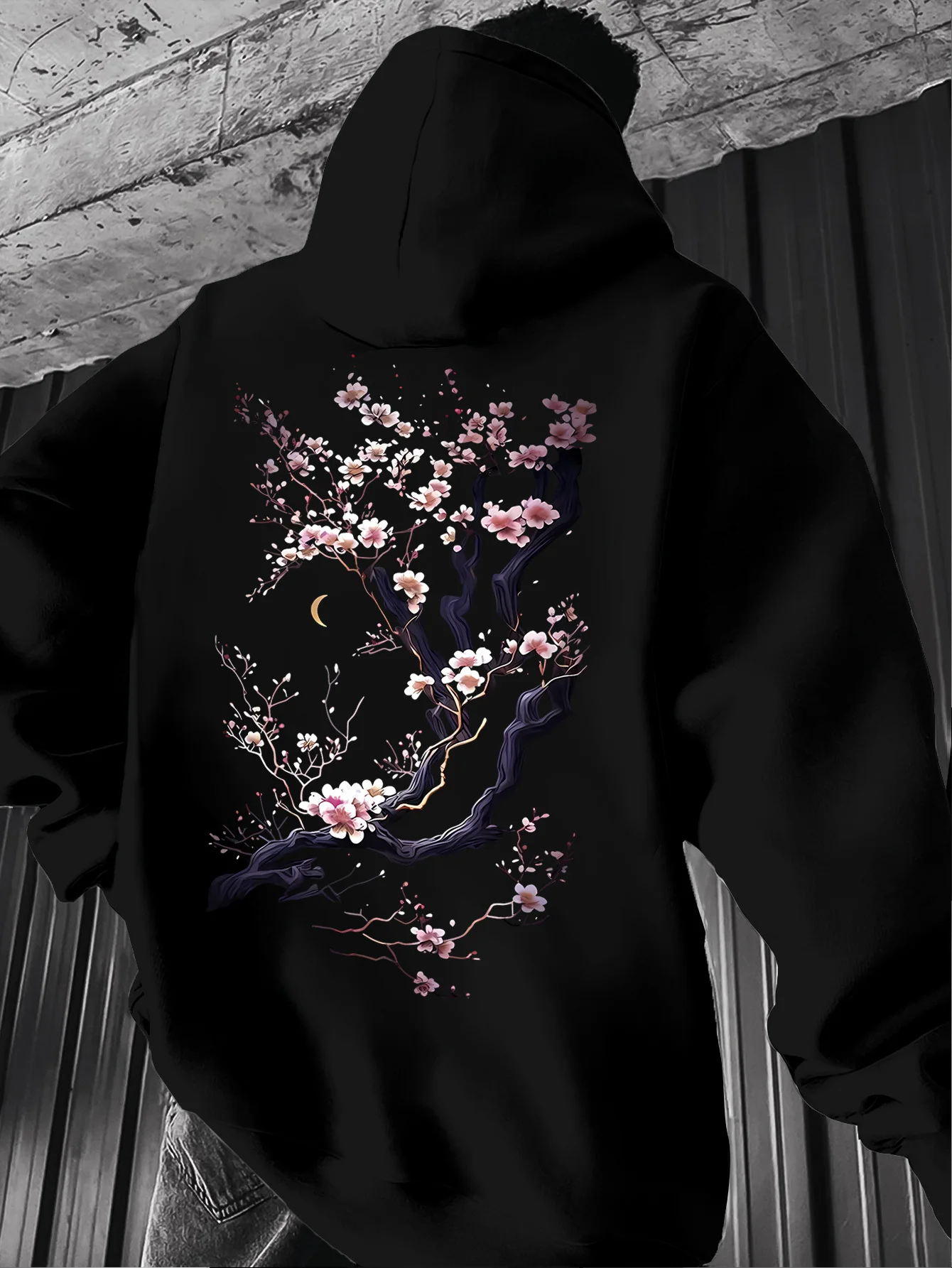Featuring An Oriental Aesthetic, Retro Ink Wash Style, Cherry Blossom Vine Design, Versatile Men's Hoodie with Casual Style