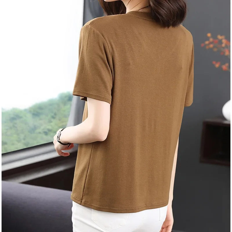 Summer New Women\'s Clothing Short Sleeve V-Neck Solid Button T-shirt Loose Home Slim Casual Versatile Elegant Bottom Tops