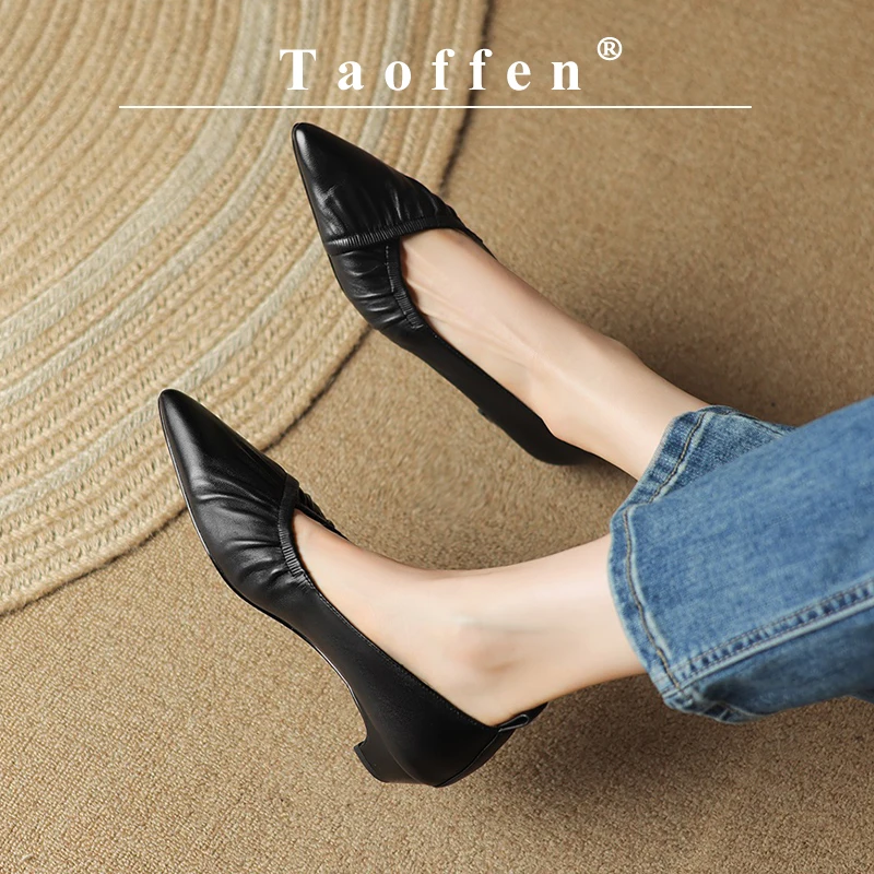 Taoffen Casual Women\'s Pumps Real Leather Folds Pointed toe High Heel Fashion Soft Slip On Low-heeled Solid Casual Office Shoes