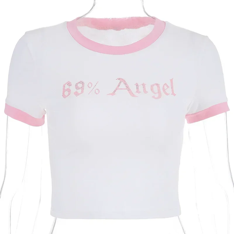 Y2K Baby Tee Cute Pink Womens Printed Aesthetic Fairy Crop Tops Y2k Clothes Punk Streetwear Sweet Emo Girls Sexy T-Shirts