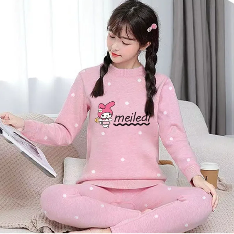 بلدي ميلودي المرأة النوم منامة Kawaii الكرتون طالب الخريف والشتاء ملابس اخلية حرارية بأكمام طويلة ملابس المنزل مجموعات جديد #5