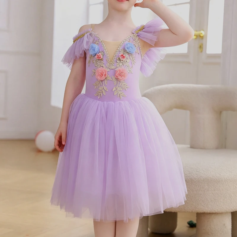 

Professional Romantic Tutu long Ballet Gauzy Dress 3D Flower Fly sleeve Ballerina Party Dress Children Girl Ballet Dance Costume