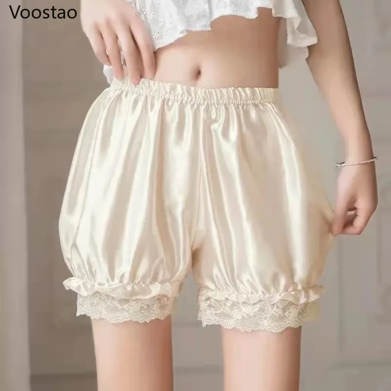 Cute Lolita Safety Short Pants Women Sweet Imitation Silk JK Bloomers Ruffles Lace Trim Panties Girly Pumpkin Shorts Pettipants