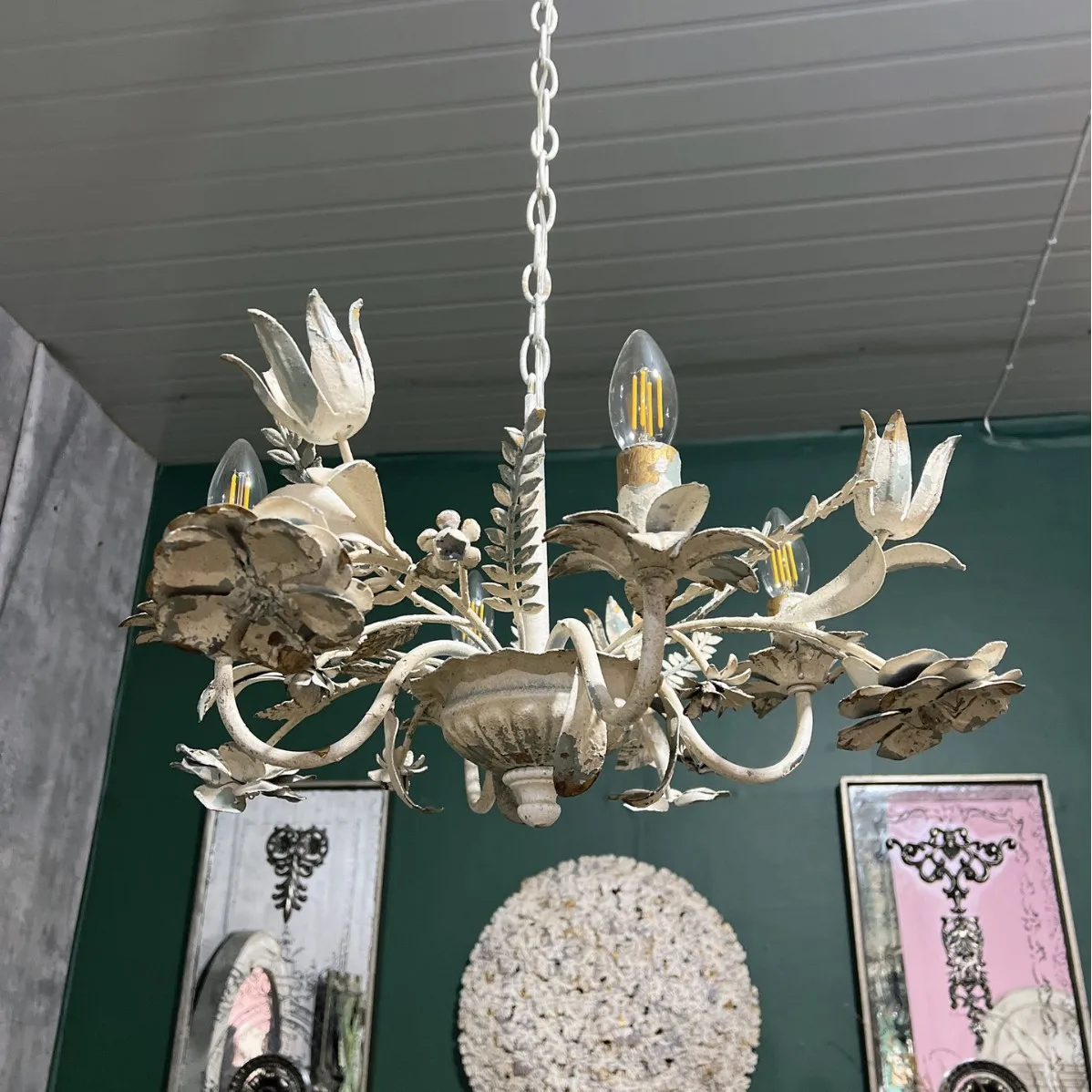 Vintage wrought iron rose chandelier, French European style home entrance, living room, dining room, café, decorative lamps