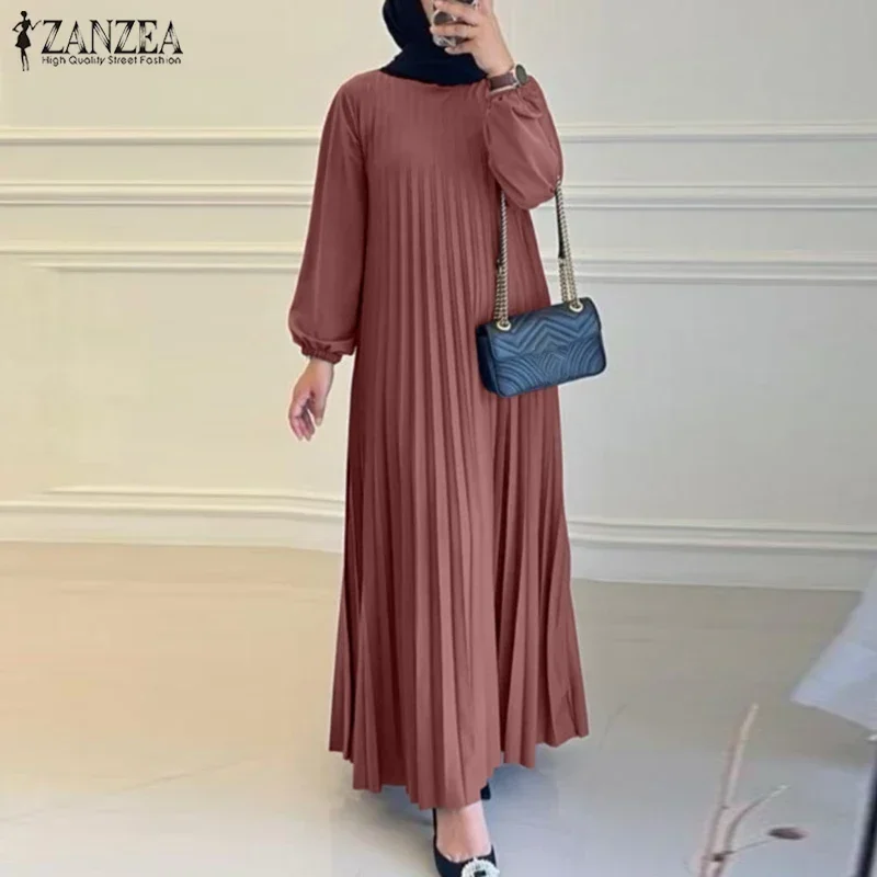 

2026 ZANZEA Мусульманское платье-абайя в дубайском стиле, женское, осеннее, элегантное, с круглым вырезом, длинным рукавом, однотонное, плиссированное, макси-платье