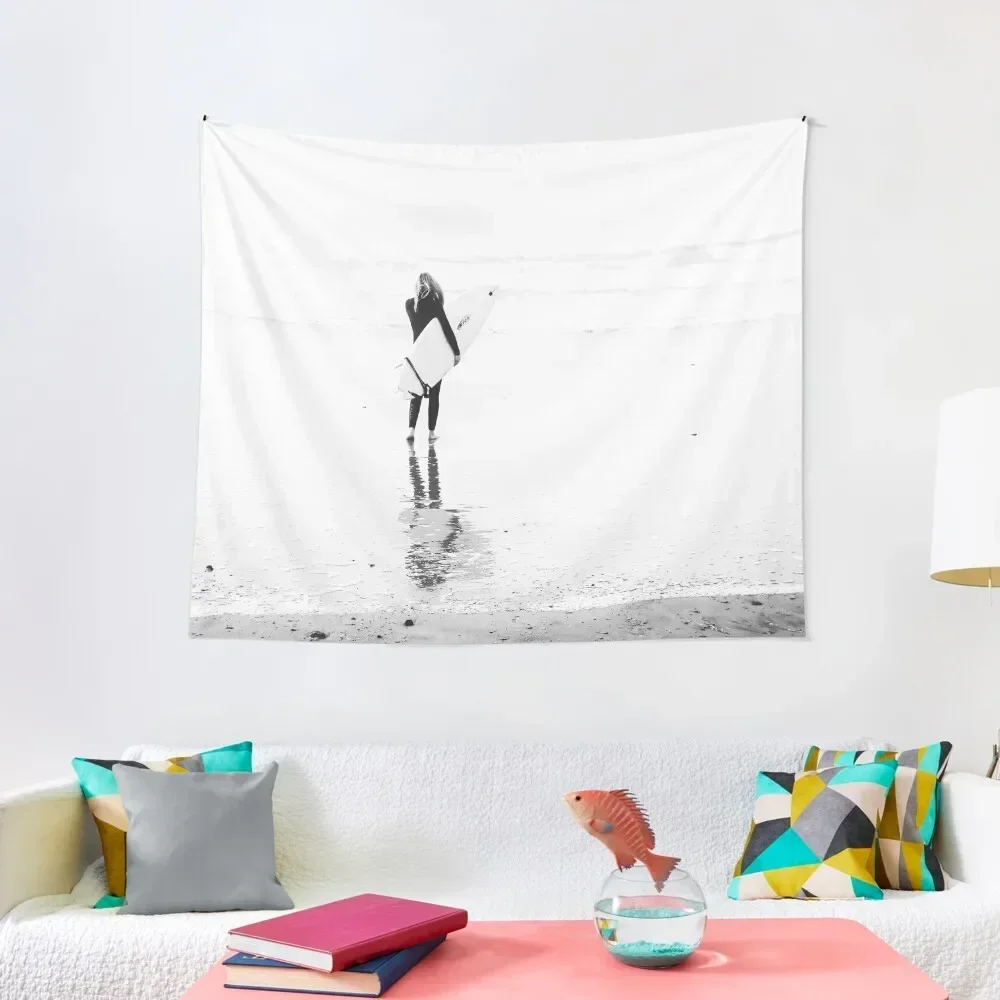 

Surfer Girl on Beach - Surf Art - Black and white photography - Minimalist Tapestry Wall Mural Tapestry