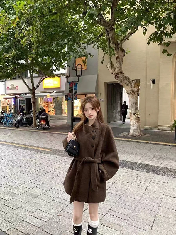 

plus Size 300 Pou Stand Collar Woolen Coat Women Fat MM ort Autumn Winter New High Sense Belted Plaid Outerwear
