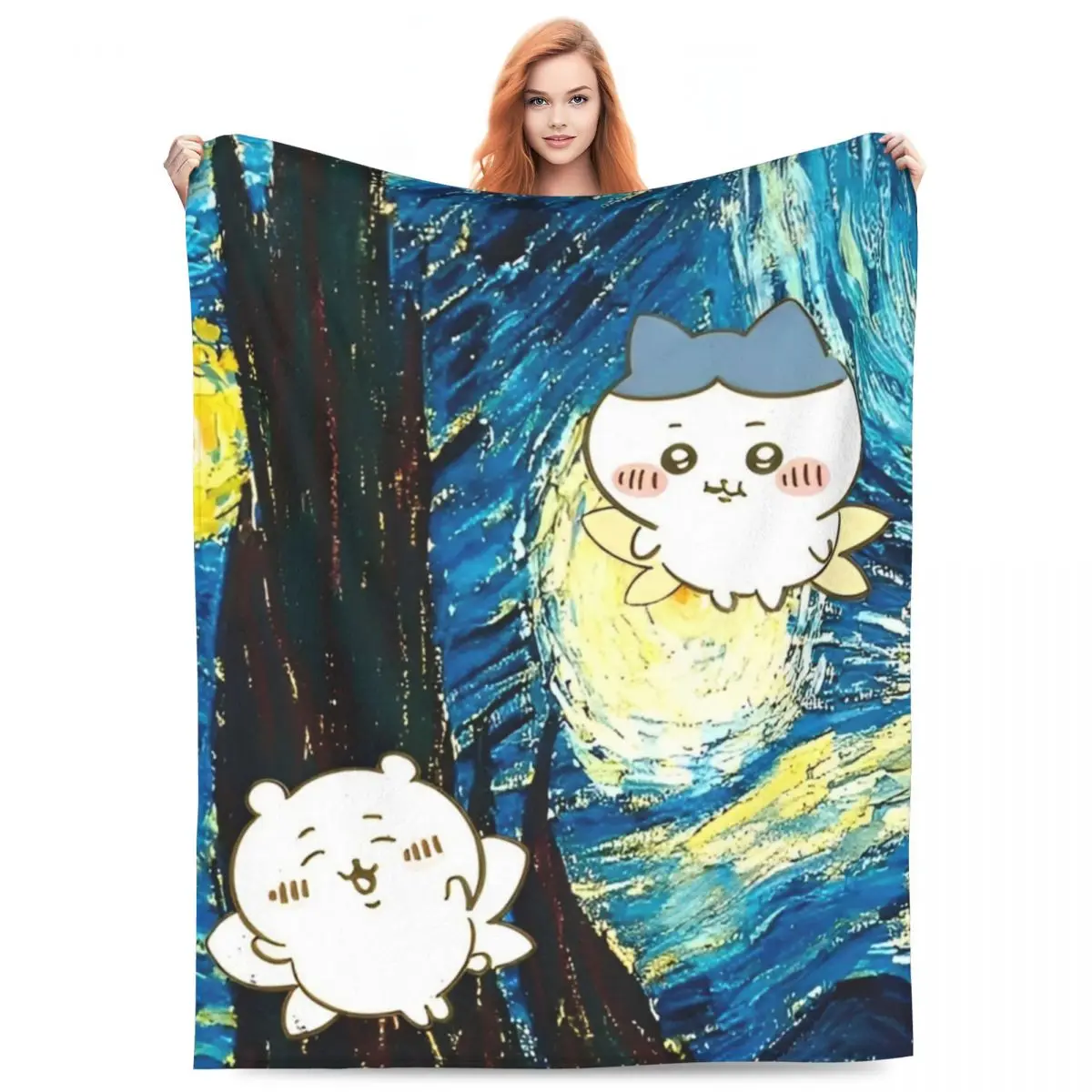 Chiikawa Hachiware Van Gogh Warm Blanket Travel Plush Bedding Throws Funny Home Decor Flannel Bedspread Sofa Bed Cover