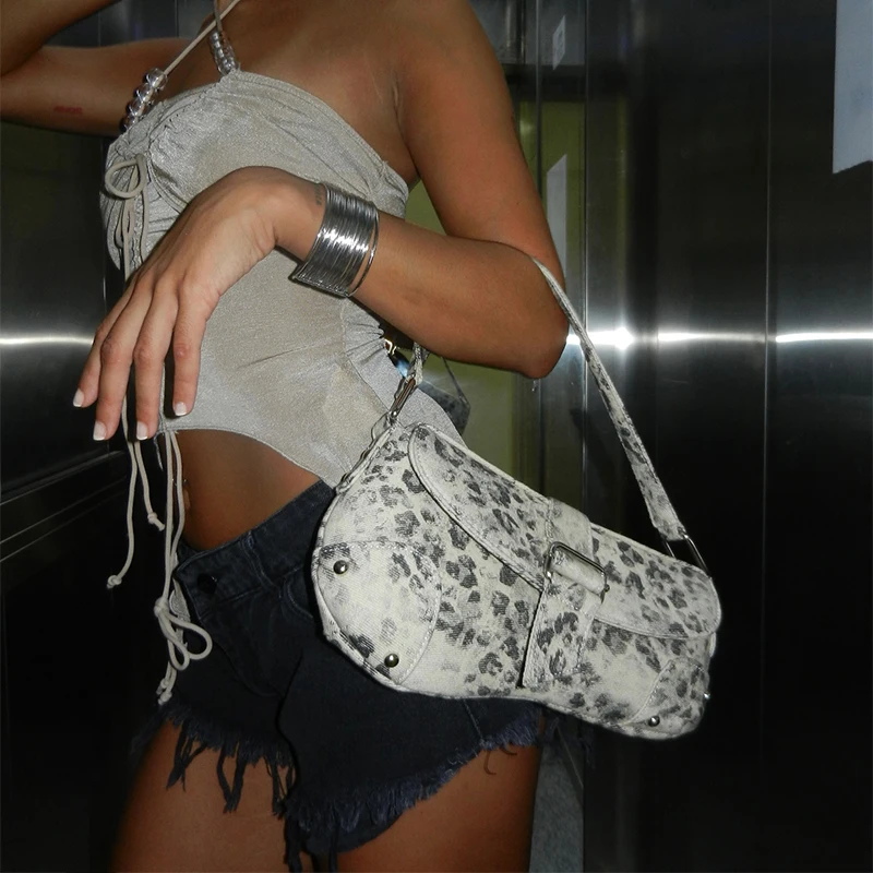 

Women's Fashion Leopard Print Canvas Shoulder Bag Buckle Flap Design Motorcycle Underarm Bag Ladies 2025 New Fashion Handbag