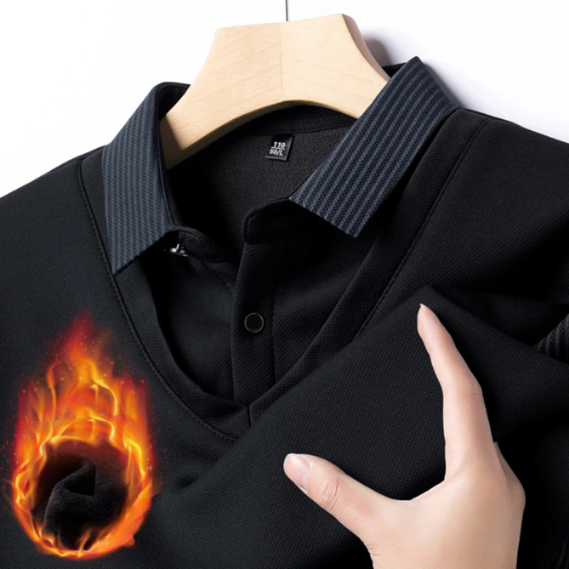 Men\'s Winter Fleece Fake Two Piece T-shirt Button Striped Polo Shirt Long Sleeve Fashion Casual Thicken Solid Lapel Male Tops