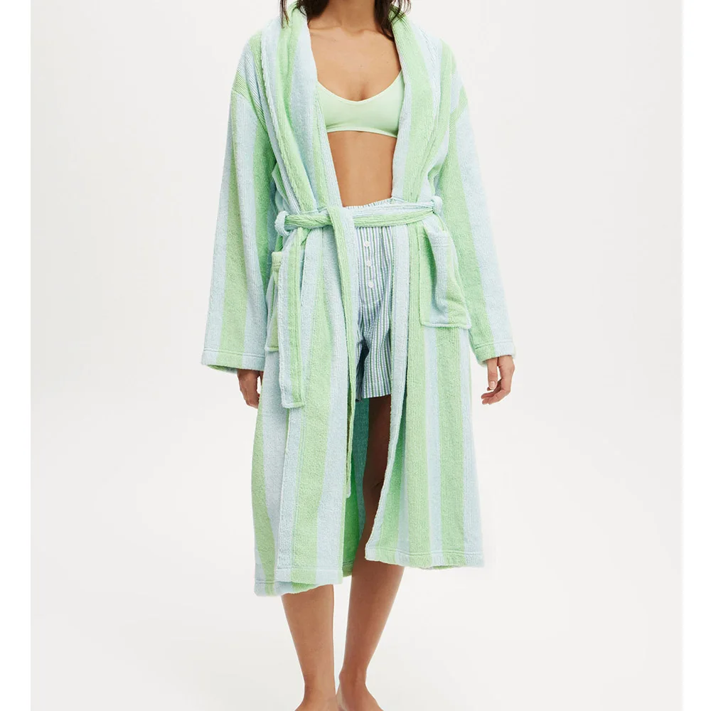 Bata chal de otoño e invierno para mujer, albornoz de felpa a rayas con bolsillos, camisón de manga larga hasta la rodilla, ropa de dormir, batas, ropa de descanso