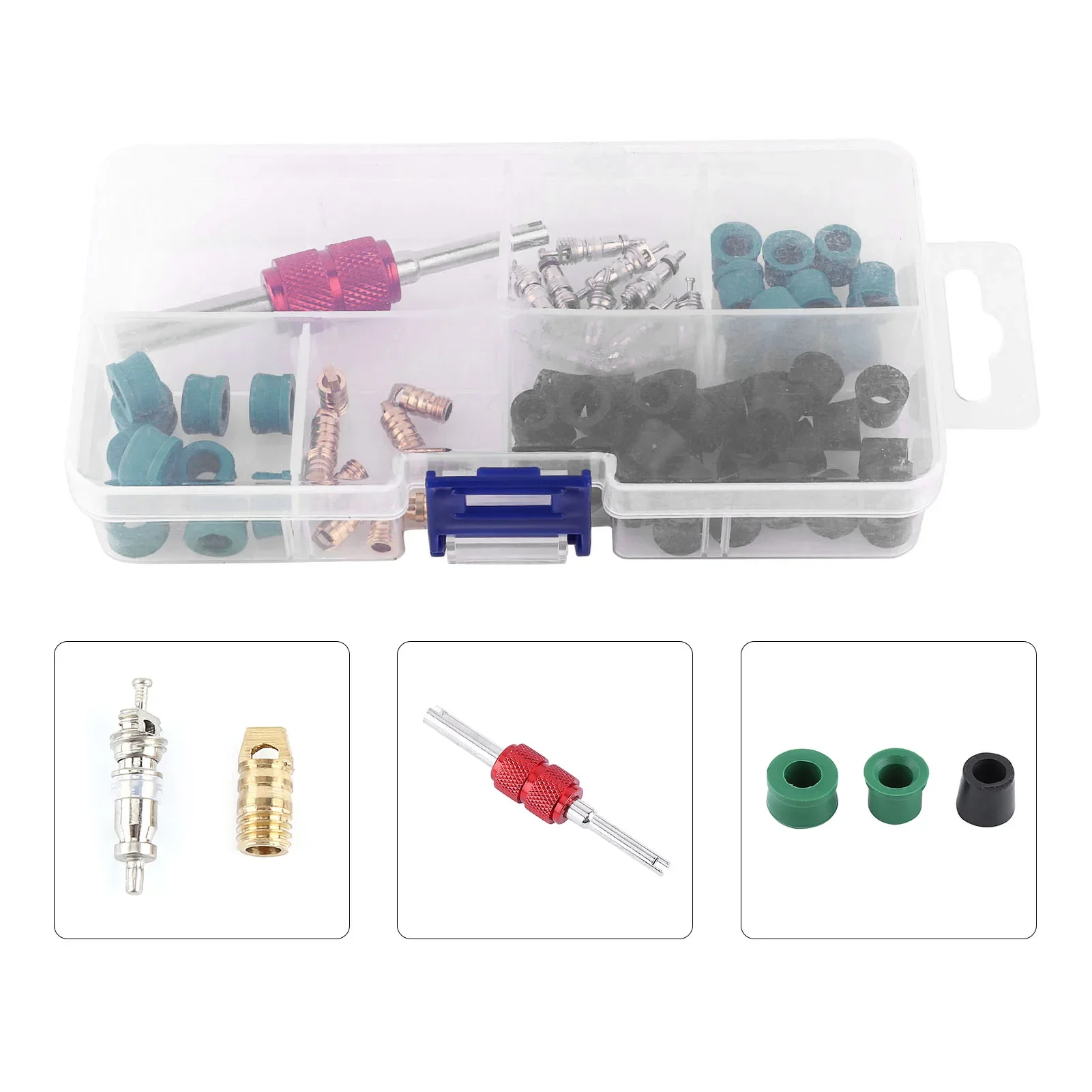 

71pcs Air Condition Repair Kit Repair Tool 10pcs Valve Cores 50pcs Hose Gaskets 10pc Valves