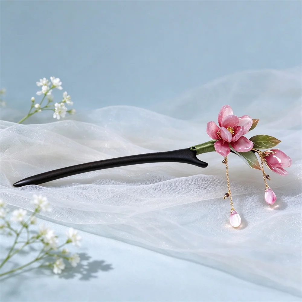 Floral Hair Stick Chinese Style Hairpin, Pink Flower Tassel Retro Traditional Hanfu Elegant Hair Accessory For Women Daily Party