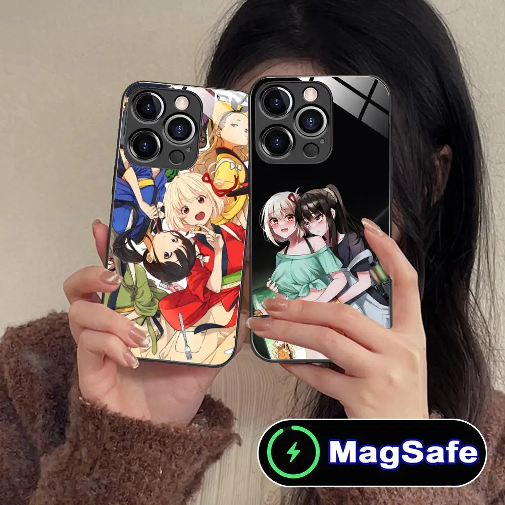 

Чехол для мобильного телефона Lycoris Recoil с аниме для iPhone 16, 15, 14, 13, 12, 11 Pro Max Plus Mini MagSafe, защитное стекло, роскошное защитное стекло