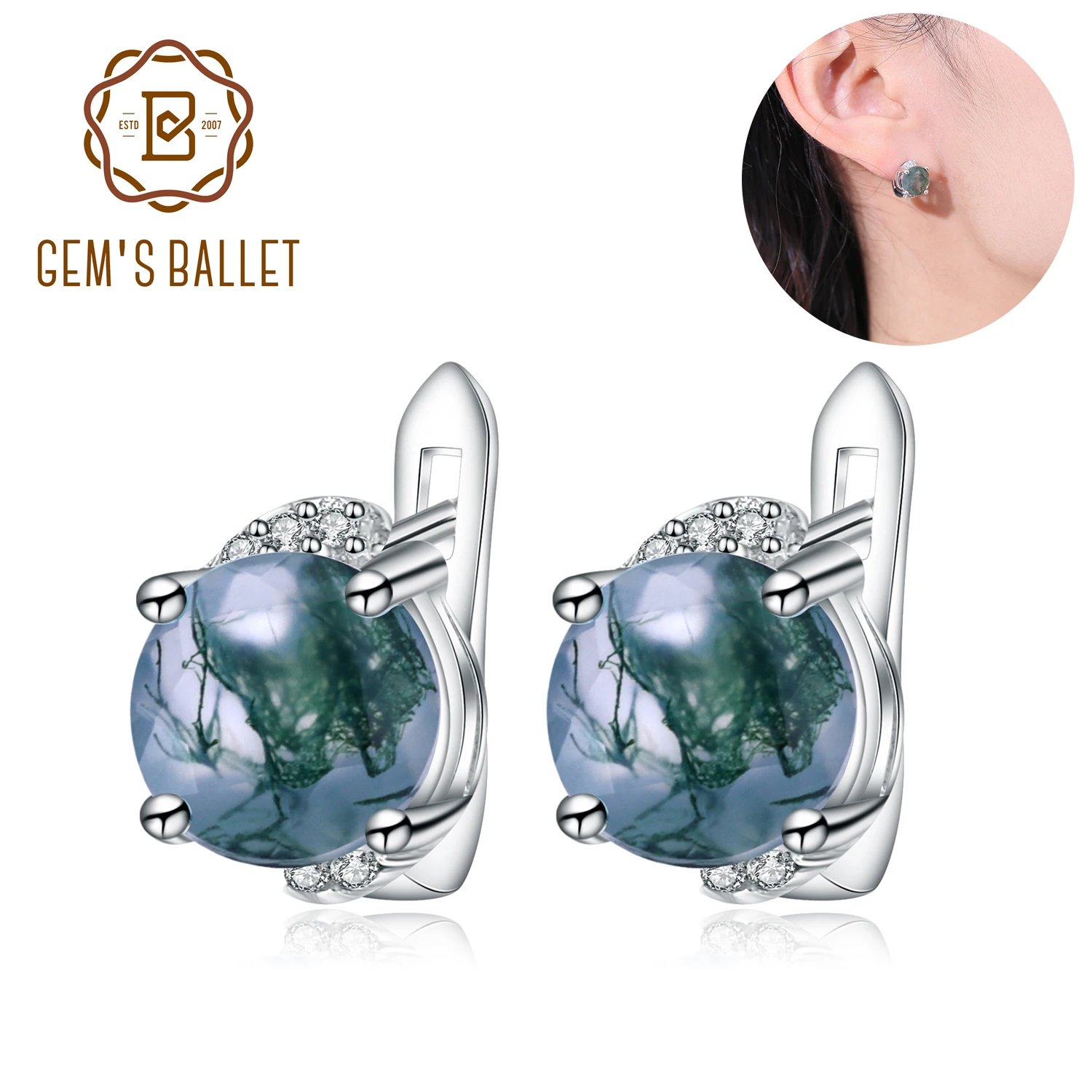 

GEM'S BALLET 925 Sterling Silver Dainty Gemstone Earrings 8mm*8mm Natural Moss Agate Studs Earrings in Anniversary Gift for Mom