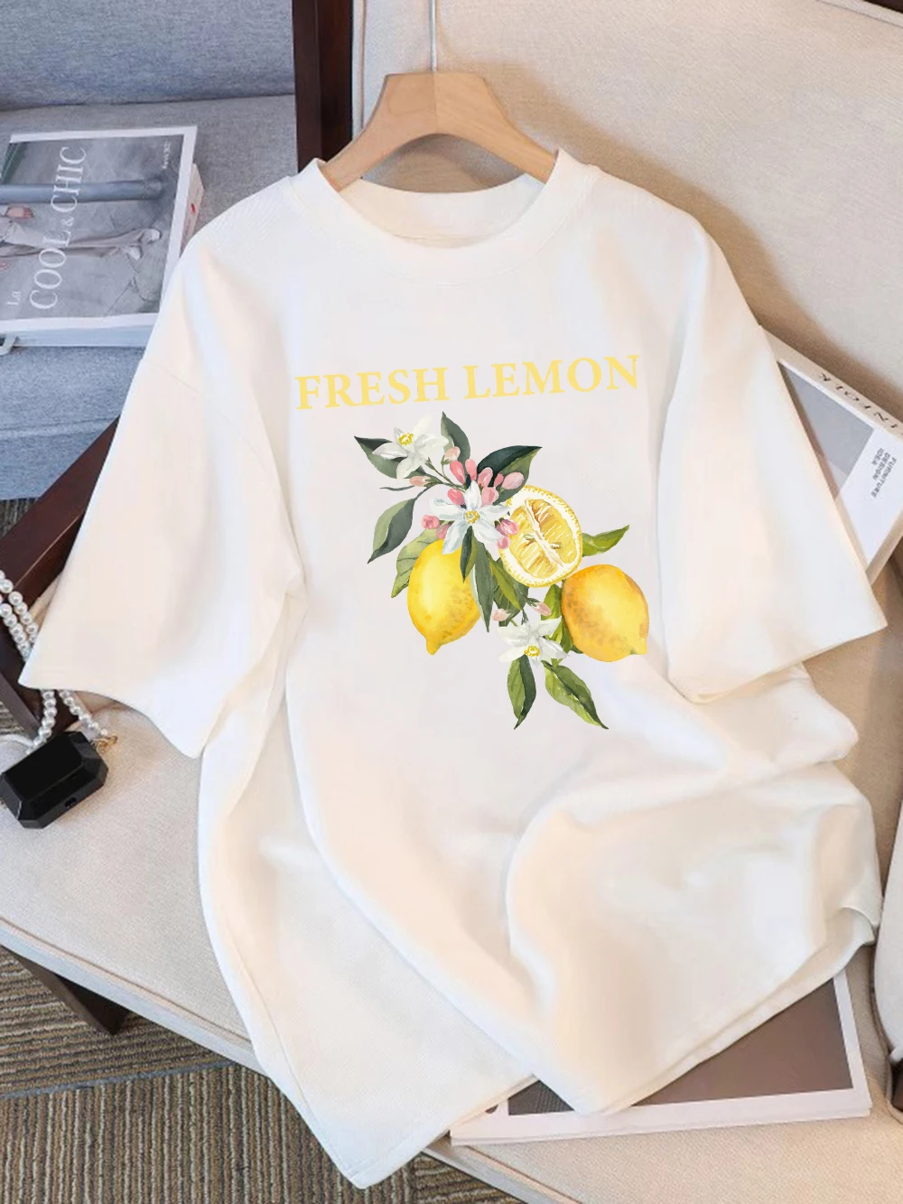100% Cotton Summer T-Shirts Womens Fresh Lemon Flowers Printing Tops Comfortable Soft O-Neck Short Sleeve Casual Womans Clothes