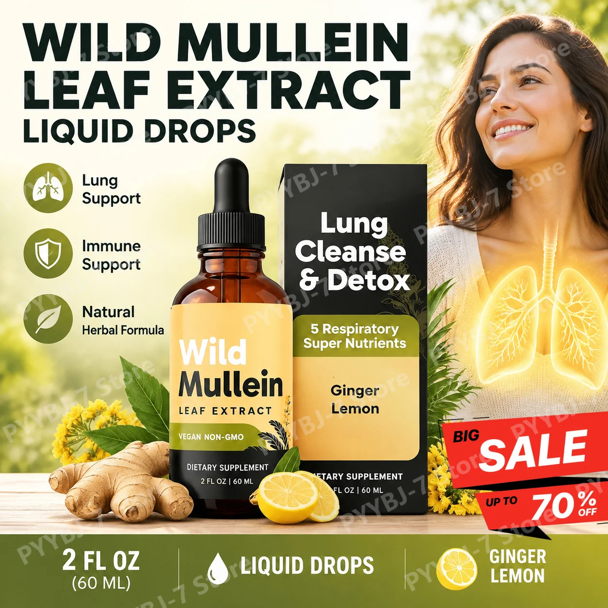All Natural Mullein Drops with Ginger Lemon for Lung Cleanse and Detox Mullein Leaf Extract for Respiratory Lung Health