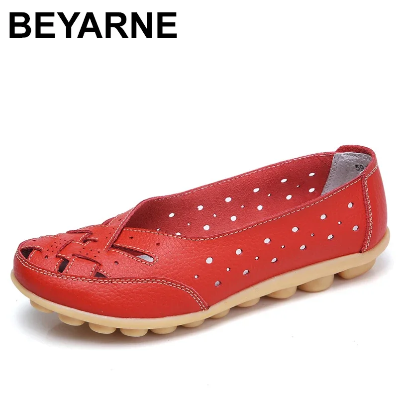 BEYARNEHot women flat shoes plus size shoes35-44women loafers women hollow flat shoes genuine leather shoes female casual loafer