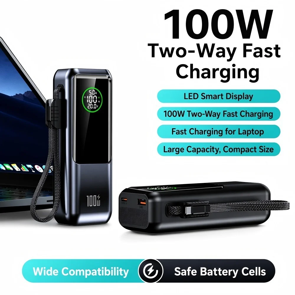 

PowerBank 20000mAh 100W PD3.0 Super Fast Charging with Built-in Cable Suitable for phone and Laptop High-capacity Power Bank