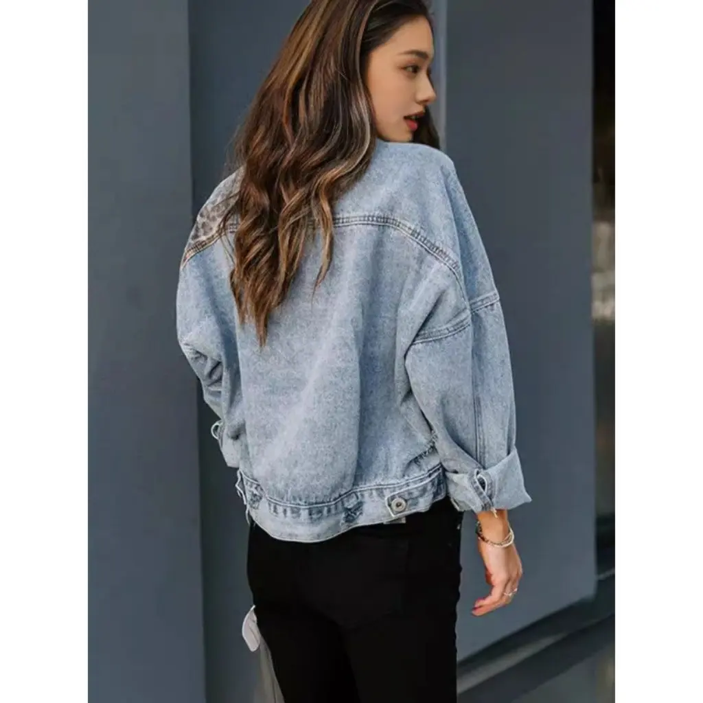 

Women's Long-Sleeved Denim Jacket Leopard Print Stitching Autumn Winter Independent Station European American Style