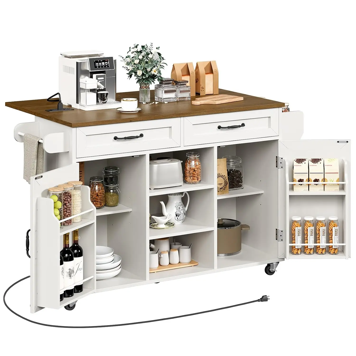 Kitchen Island Cart with Drop Leaf, Drawer, Spice Rack, Power Outlet & Wheels, White & Walnut, Customized
