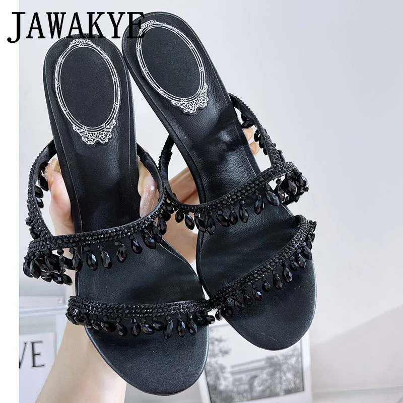 2022 Luxury Brand Crystal Slippers High Heels Narrow Band Slingback Shiny Bling Banquet Shoes Summer Beaded Open Toe Mules