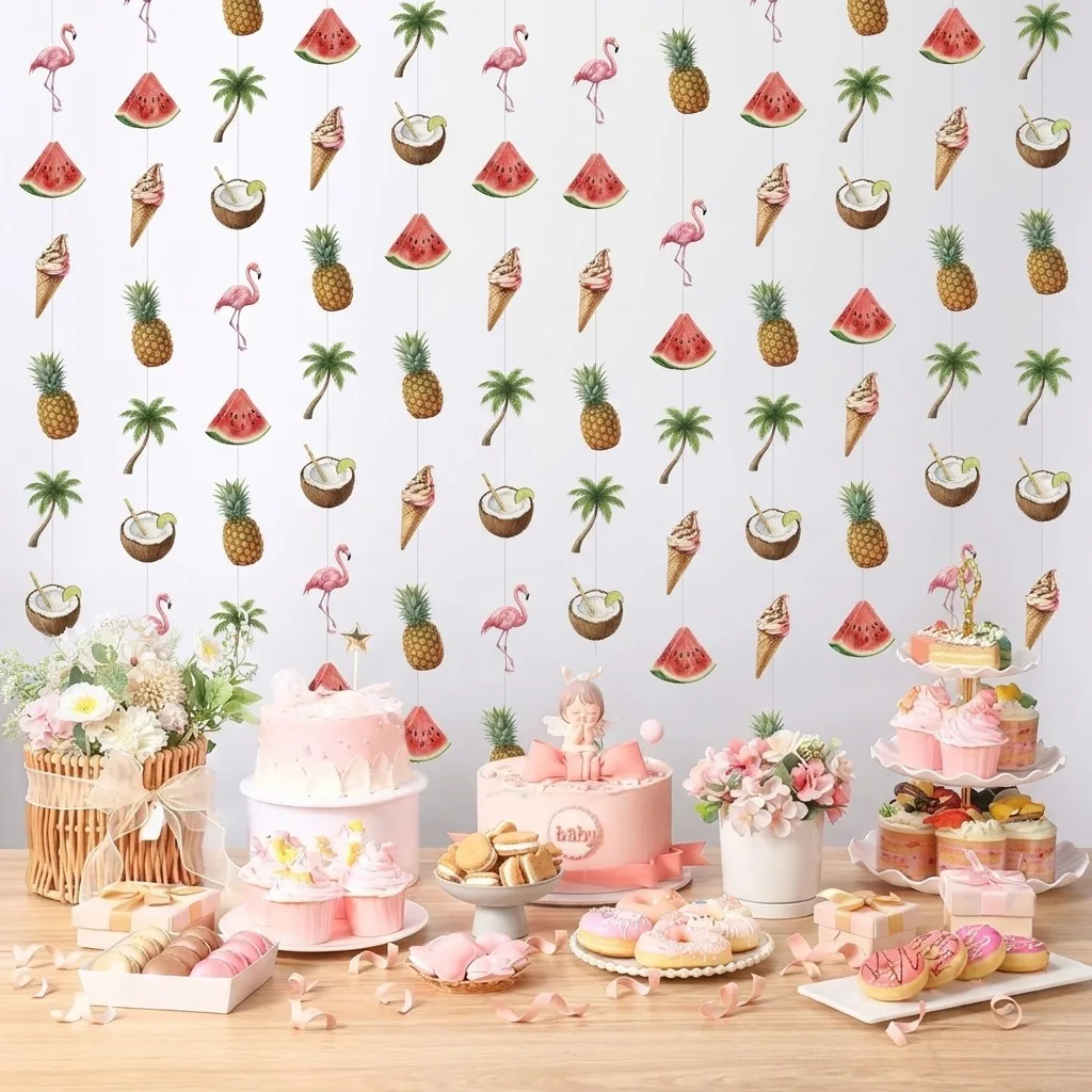 Tropical Palm Leaves Flamingo Coconut Ice Cream Watermelon Garland Hawaiian Party Backdrop Hanging Pendant Jungle Party Decor