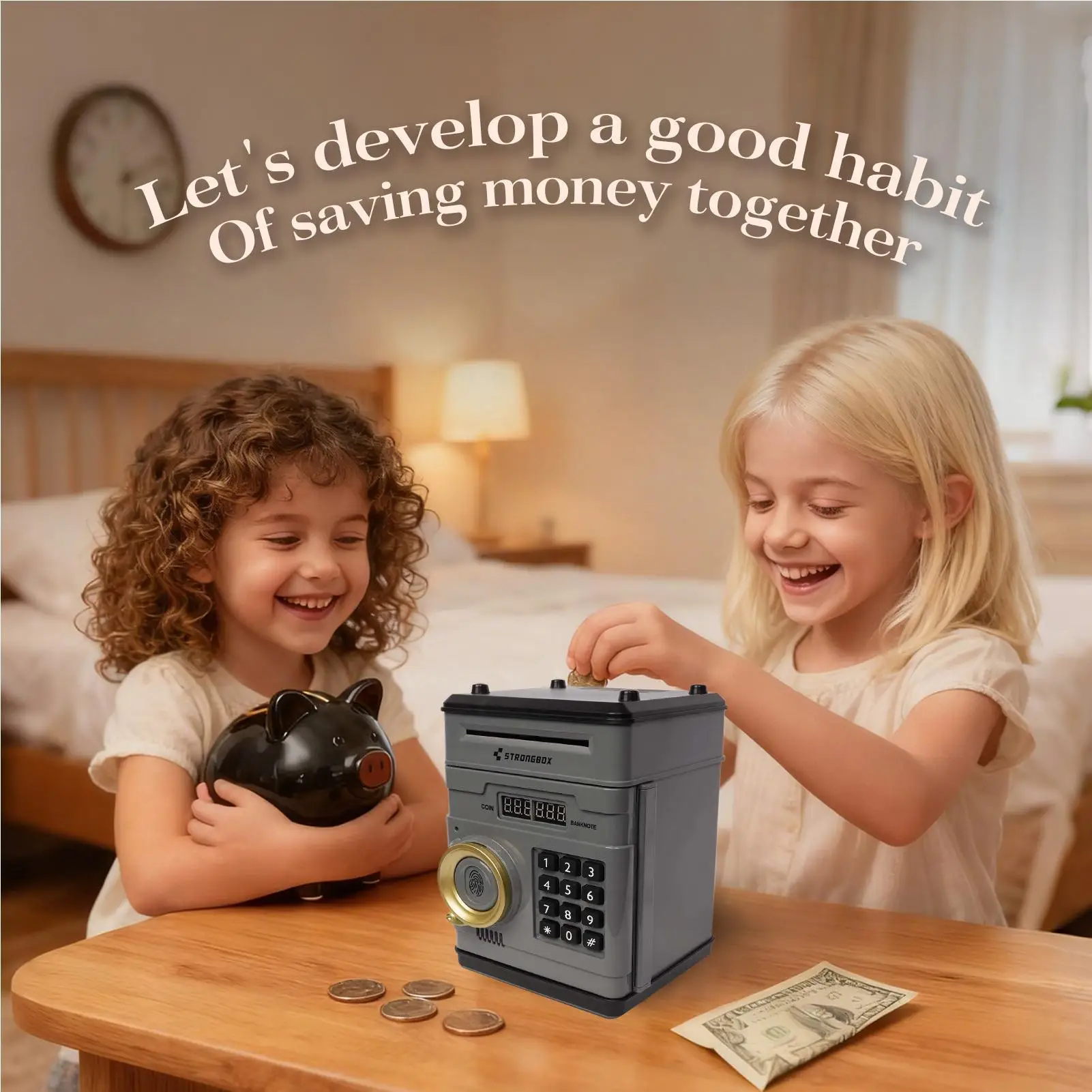 صندوق الأمان لبنك المال الإلكتروني مع قفل بكلمة مرور رقمية، لعبة ATM، منظم العملات المعدنية النقدية للأطفال، هدية تعليمية، حصالة على شكل حيوان #4